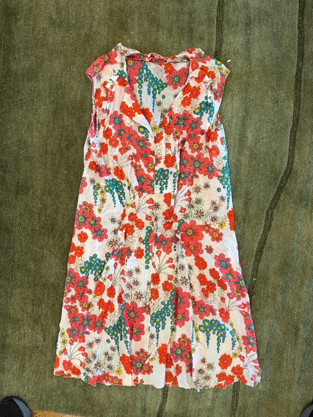 MARNI; CAP SLEEVE V-NECK DRESS, !00% COTTON PRINT; ORANGE, CRM, YELLOW, GREEN L
